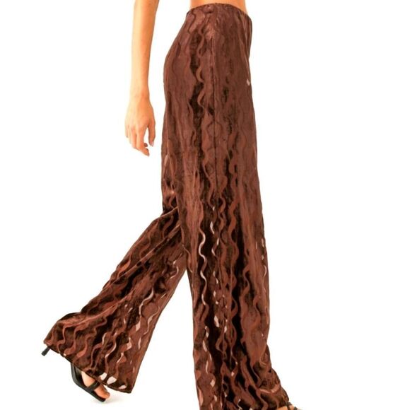 Burnout wavy pattern velvet, wide leg pull up pants, brown size M New - Picture 1 of 6